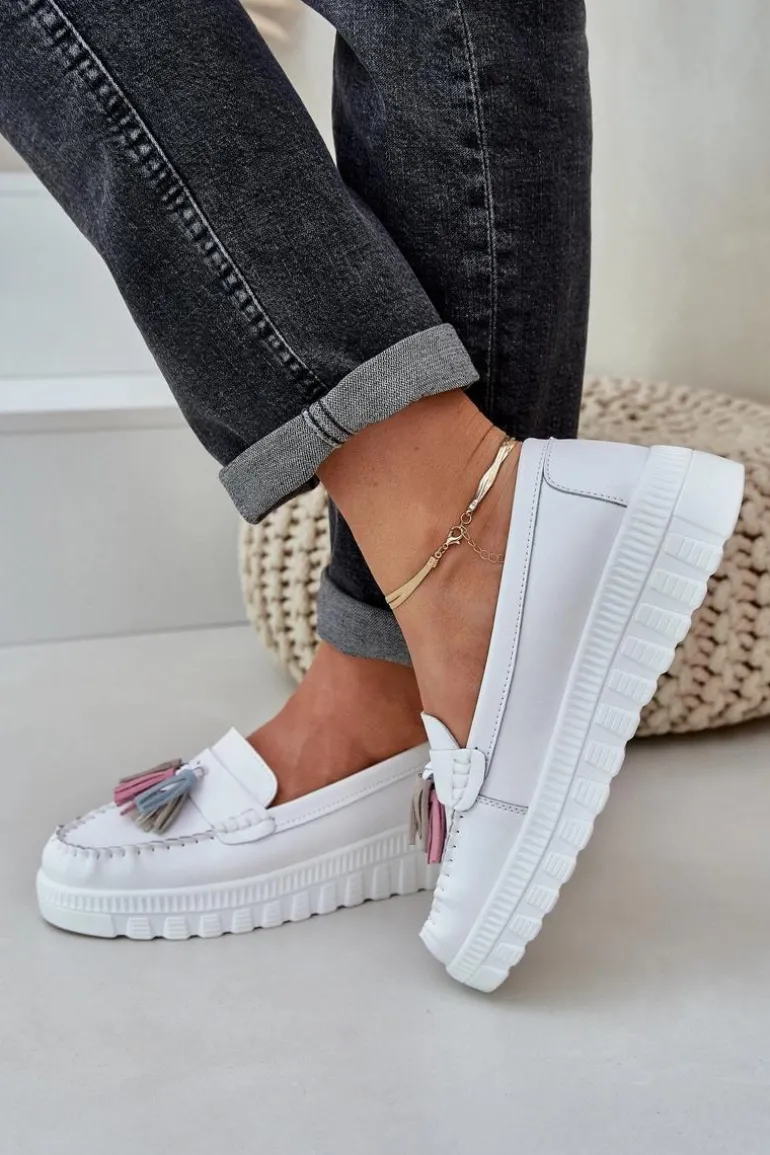 Skórzane Mokasyny Damskie Z Frędzlami Na Platformie I Koturnie Białe Eleazetta