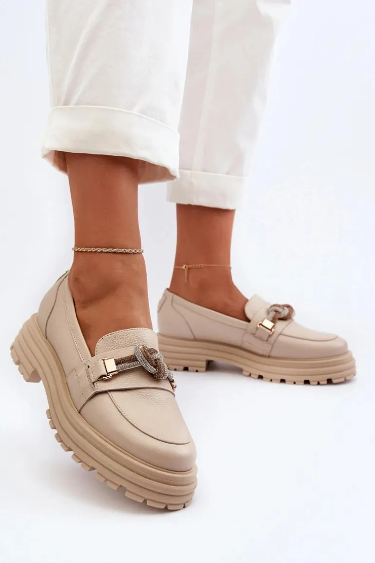 Skórzane Mokasyny Damskie Z Ozdobą Laura Messi 2780 Beżowe