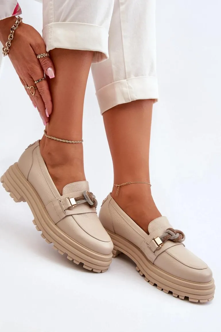 Skórzane Mokasyny Damskie Z Ozdobą Laura Messi 2780 Beżowe