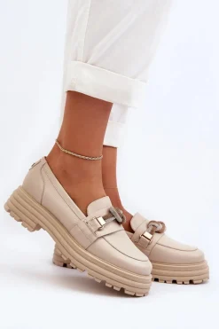 Skórzane Mokasyny Damskie Z Ozdobą Laura Messi 2780 Beżowe