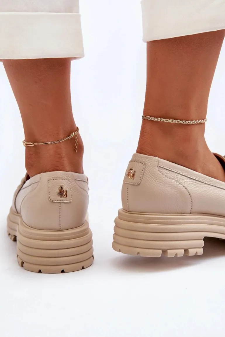 Skórzane Mokasyny Damskie Z Ozdobą Laura Messi 2780 Beżowe