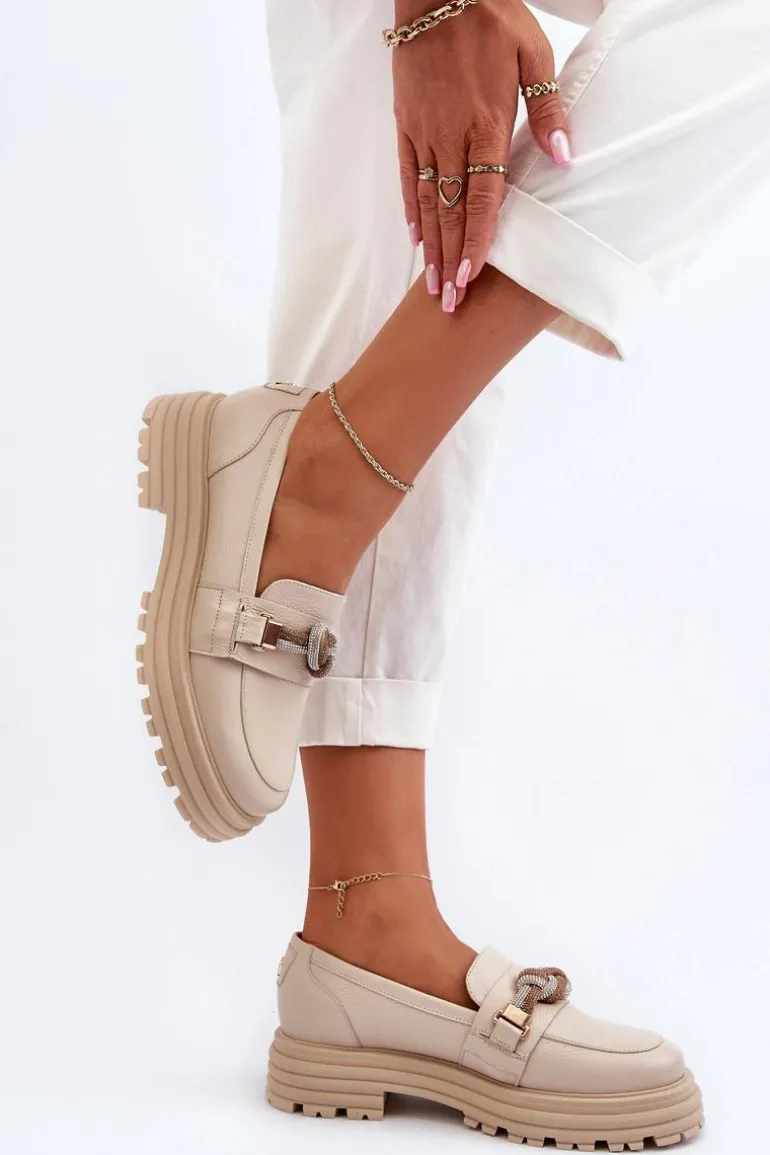 Skórzane Mokasyny Damskie Z Ozdobą Laura Messi 2780 Beżowe