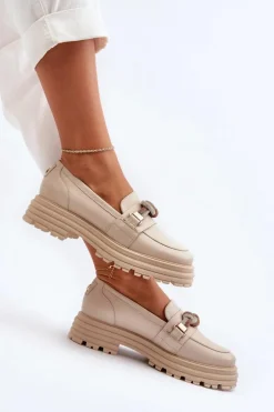 Skórzane Mokasyny Damskie Z Ozdobą Laura Messi 2780 Beżowe