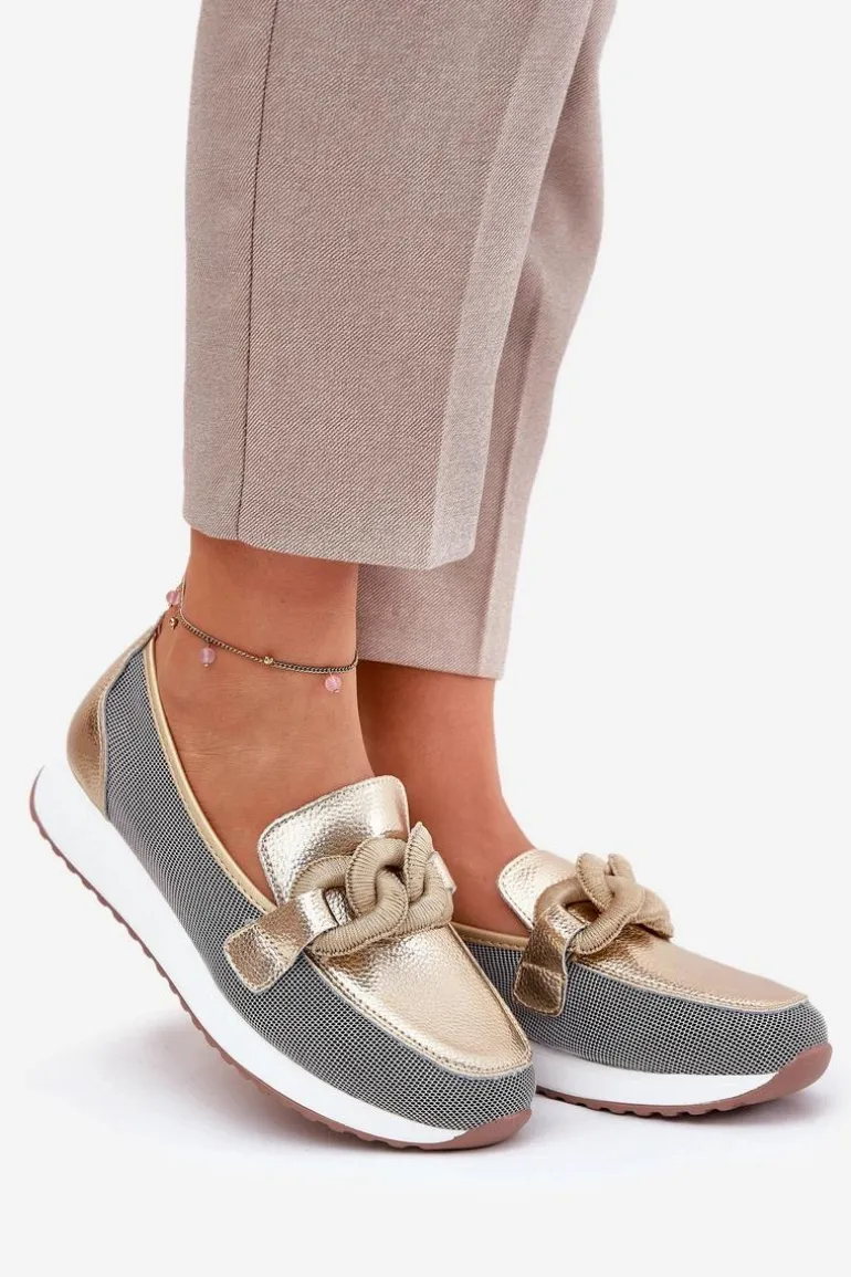 Skórzane Mokasyny Damskie Z Ozdobą D&A LR51-966 Złote