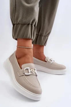 Skórzane Mokasyny Damskie Na Platformie Beżowe S.Barski LR720