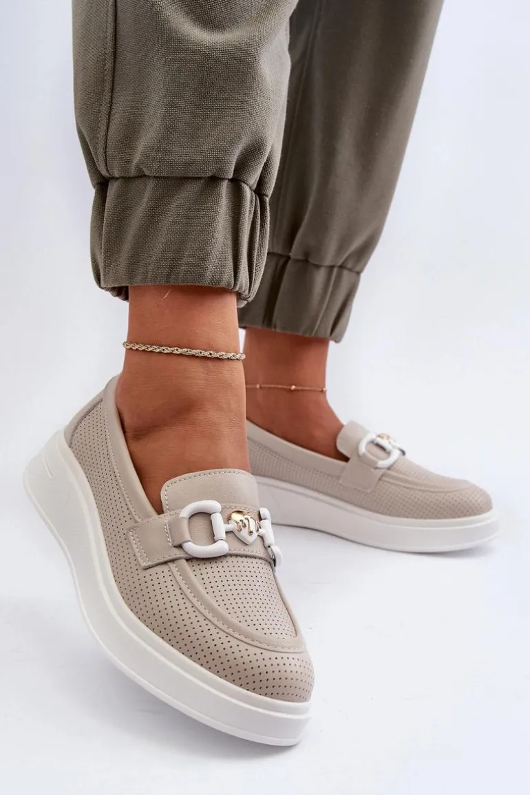 Skórzane Mokasyny Damskie Na Platformie Beżowe S.Barski LR720