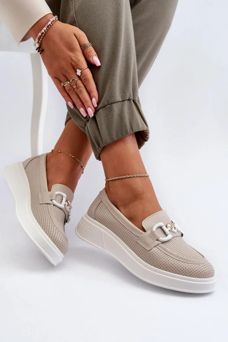 Skórzane Mokasyny Damskie Na Platformie Beżowe S.Barski LR720