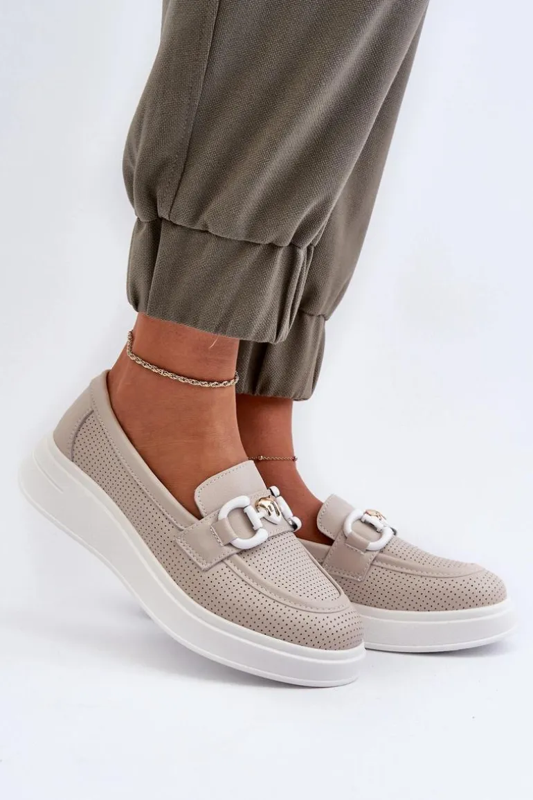 Skórzane Mokasyny Damskie Na Platformie Beżowe S.Barski LR720