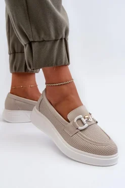 Skórzane Mokasyny Damskie Na Platformie Beżowe S.Barski LR720