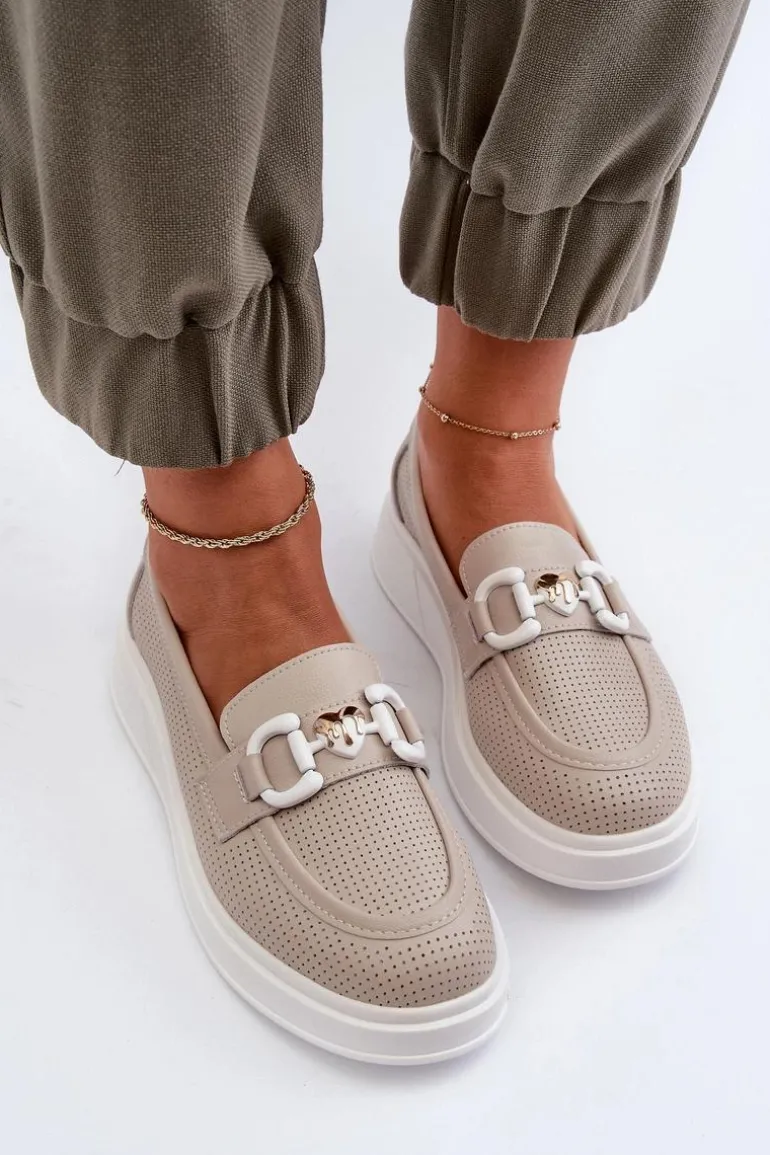 Skórzane Mokasyny Damskie Na Platformie Beżowe S.Barski LR720