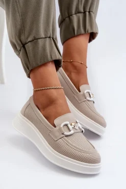 Skórzane Mokasyny Damskie Na Platformie Beżowe S.Barski LR720