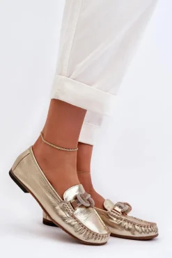 Skórzane Mokasyny Damskie Z Ozdobą Laura Messi 2761 Złote