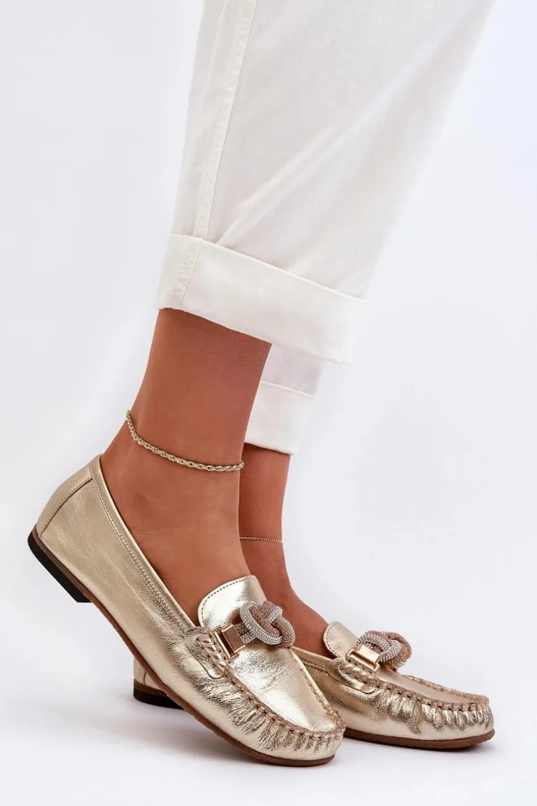 Skórzane Mokasyny Damskie Z Ozdobą Laura Messi 2761 Złote