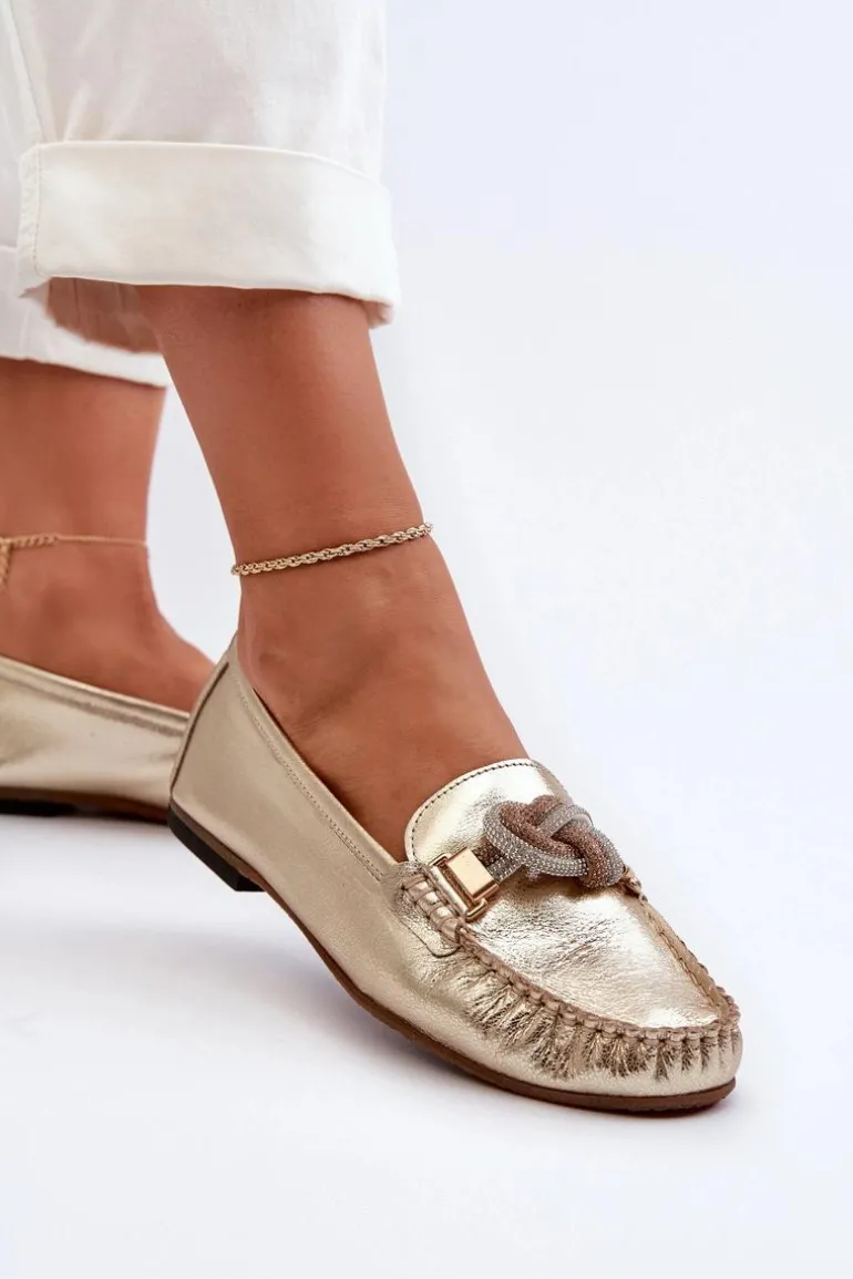 Skórzane Mokasyny Damskie Z Ozdobą Laura Messi 2761 Złote