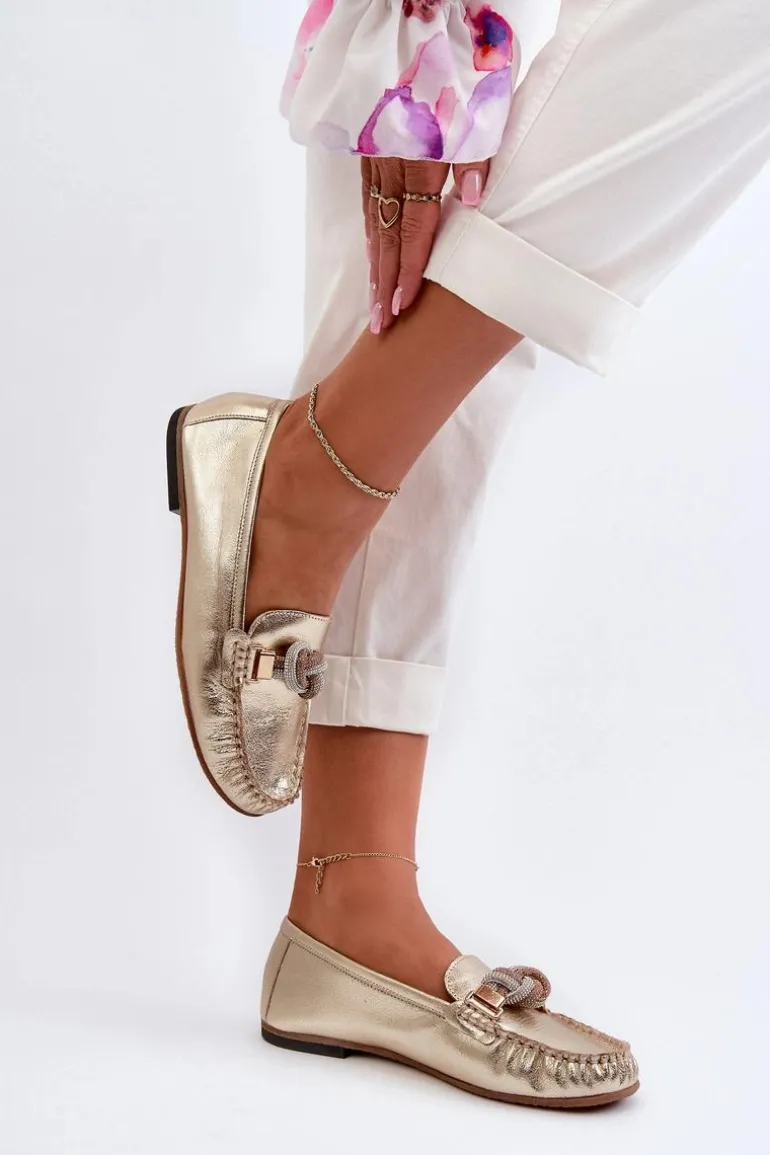 Skórzane Mokasyny Damskie Z Ozdobą Laura Messi 2761 Złote