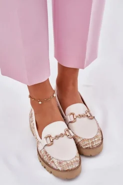 Skórzane Mokasyny Damskie Ze Złotym Detalem Laura Messi 2938 Jasnobeżowe