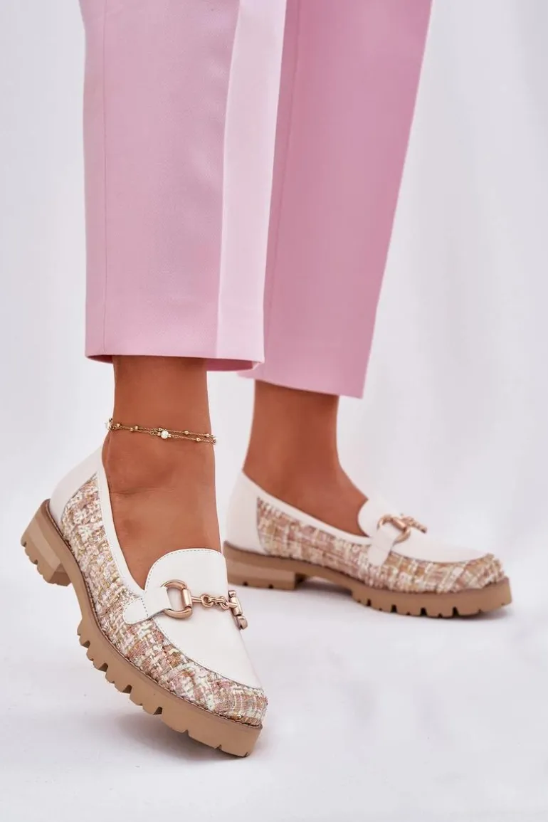 Skórzane Mokasyny Damskie Ze Złotym Detalem Laura Messi 2938 Jasnobeżowe