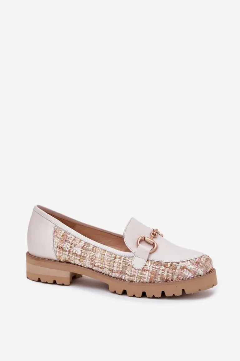 Skórzane Mokasyny Damskie Ze Złotym Detalem Laura Messi 2938 Jasnobeżowe