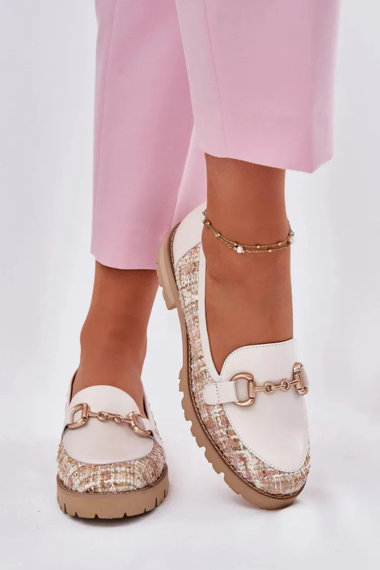 Skórzane Mokasyny Damskie Ze Złotym Detalem Laura Messi 2938 Jasnobeżowe