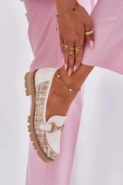 Skórzane Mokasyny Damskie Ze Złotym Detalem Laura Messi 2938 Jasnobeżowe