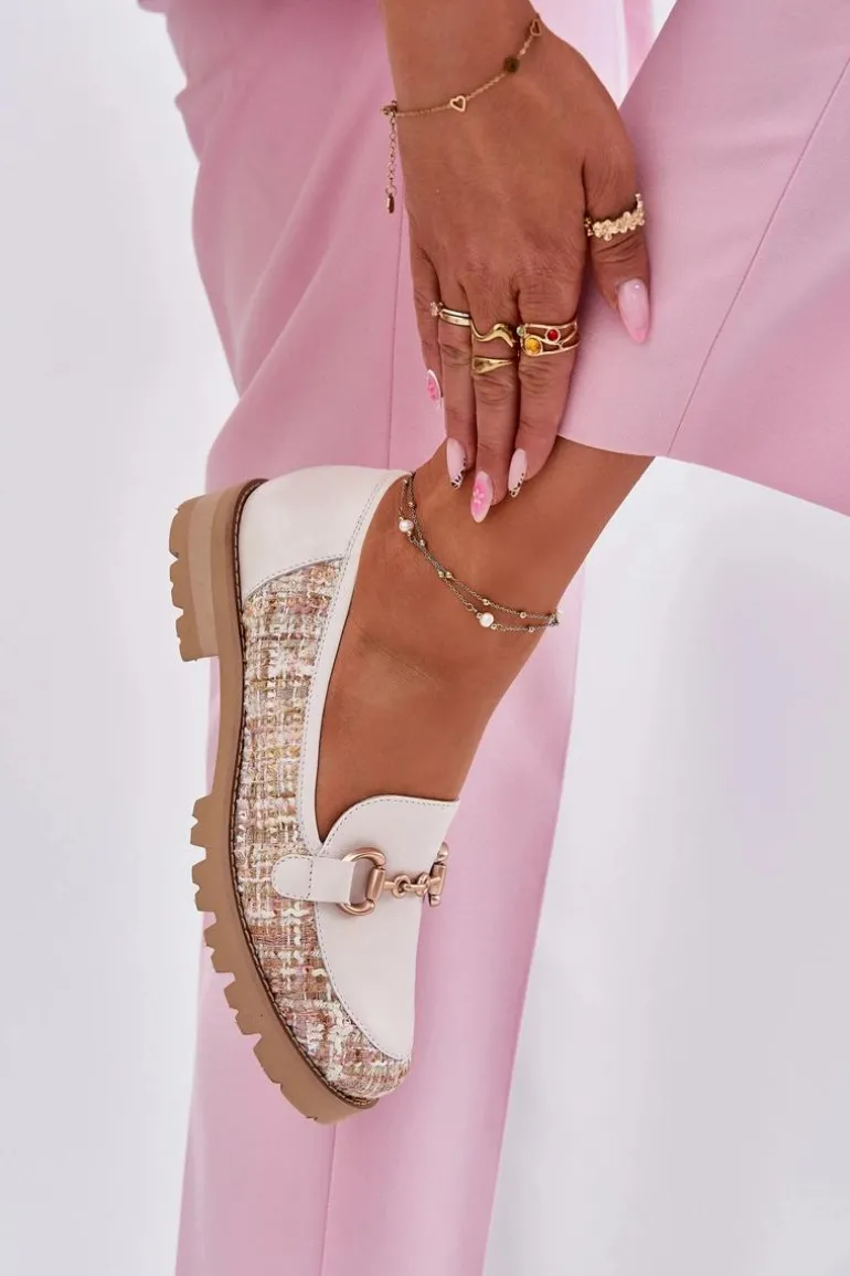 Skórzane Mokasyny Damskie Ze Złotym Detalem Laura Messi 2938 Jasnobeżowe