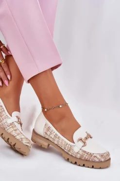 Skórzane Mokasyny Damskie Ze Złotym Detalem Laura Messi 2938 Jasnobeżowe