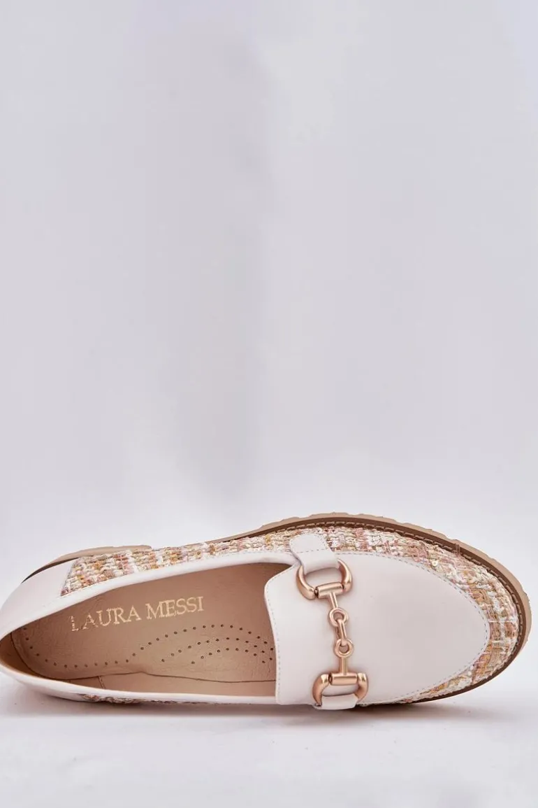 Skórzane Mokasyny Damskie Ze Złotym Detalem Laura Messi 2938 Jasnobeżowe
