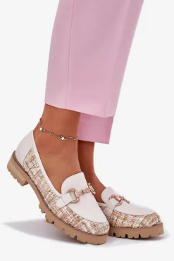 Skórzane Mokasyny Damskie Ze Złotym Detalem Laura Messi 2938 Jasnobeżowe
