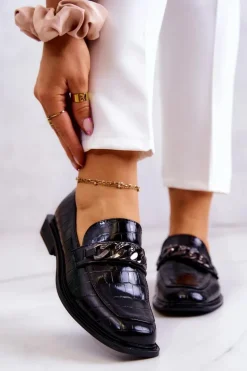 Skórzane Mokasyny Loafery Z Łańcuchem Czarne Killen