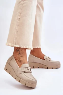 Skórzane Mokasyny Na Koturnie Beżowe Lemar Felicita