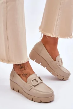 Skórzane Mokasyny Na Koturnie Beżowe Lemar Felicita