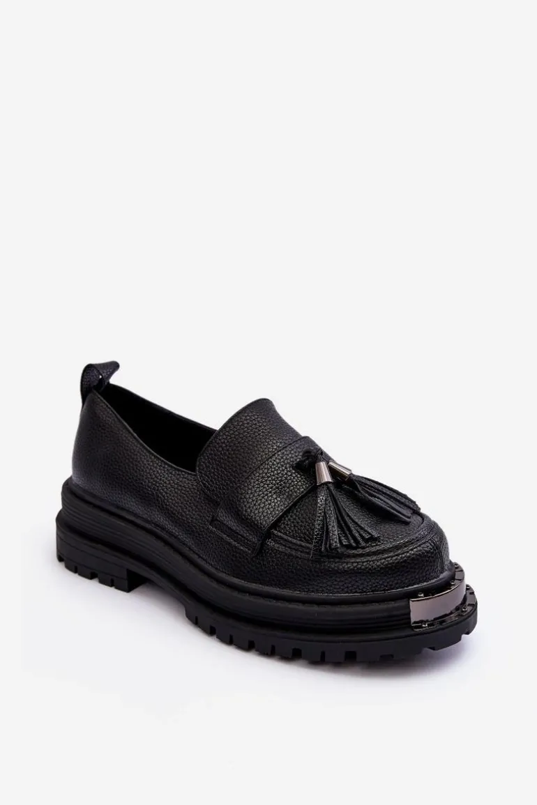 Skórzane Mokasyny Na Platformie I Płaskim Obcasie Czarne Jorne