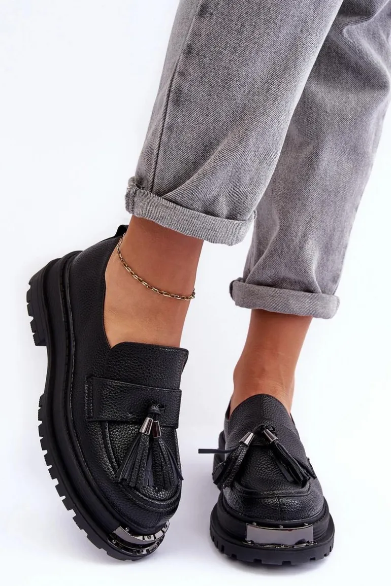 Skórzane Mokasyny Na Platformie I Płaskim Obcasie Czarne Jorne