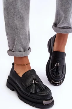 Skórzane Mokasyny Na Platformie I Płaskim Obcasie Czarne Jorne