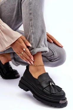 Skórzane Mokasyny Na Platformie I Płaskim Obcasie Czarne Jorne