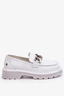 Skórzane Mokasyny Z Łańcuchem GOE LL2N4038 Białe