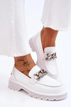 Skórzane Mokasyny Z Łańcuchem GOE LL2N4038 Białe