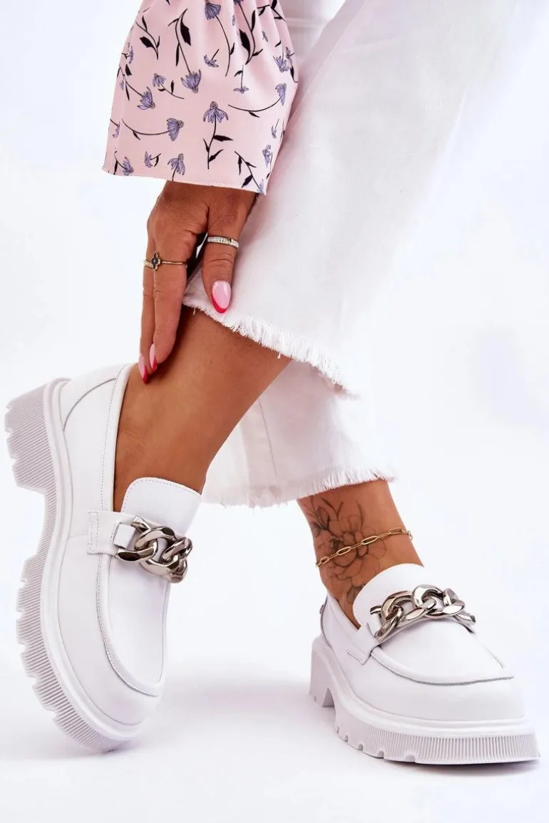 Skórzane Mokasyny Z Łańcuchem GOE LL2N4038 Białe