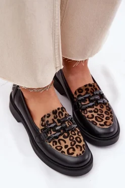 Skórzane Mokasyny Z Ozdobą I Panterką Laura Messi 2965 Czarne