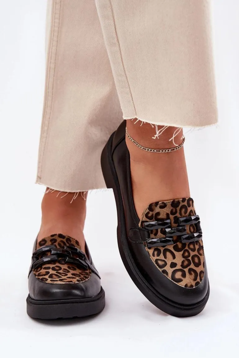 Skórzane Mokasyny Z Ozdobą I Panterką Laura Messi 2965 Czarne