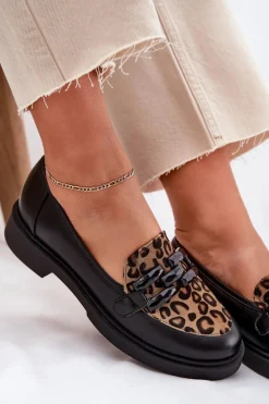 Skórzane Mokasyny Z Ozdobą I Panterką Laura Messi 2965 Czarne