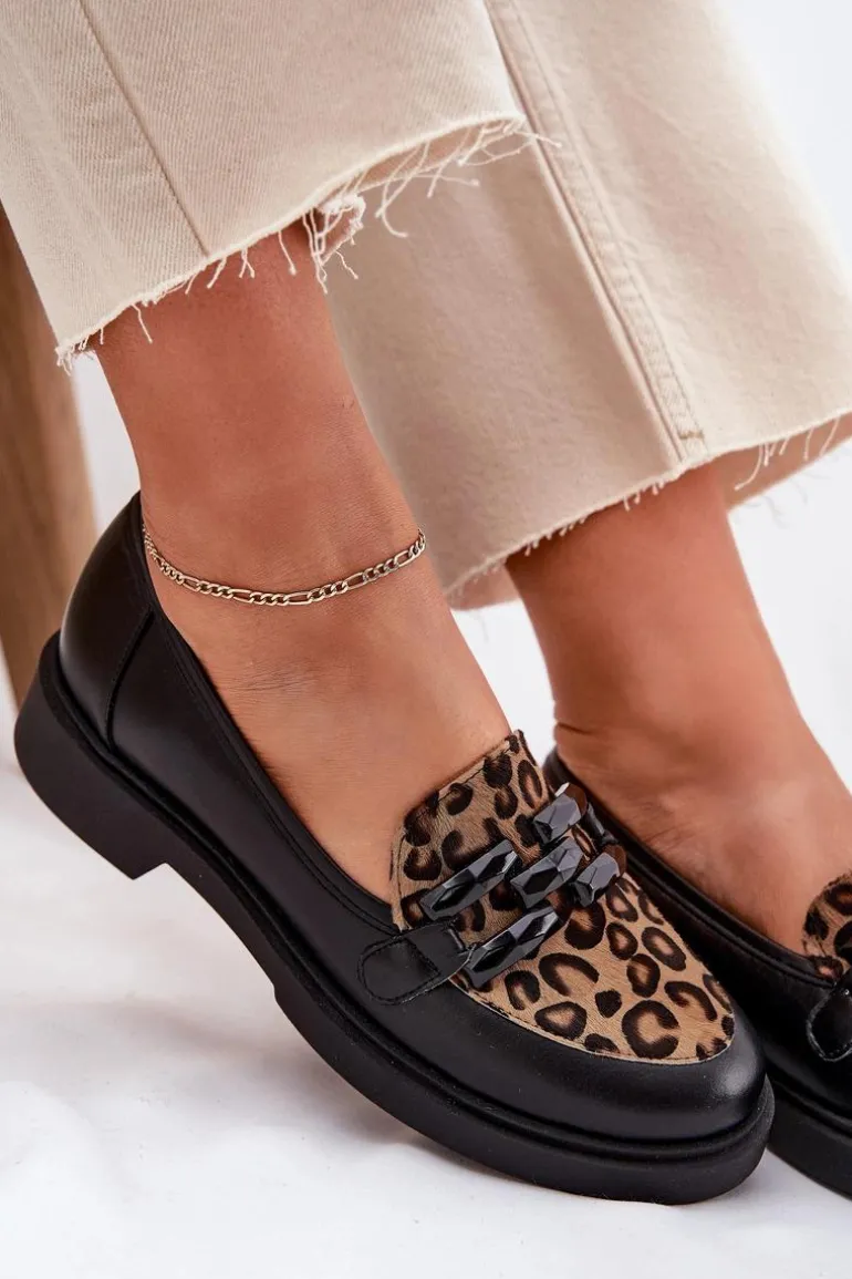 Skórzane Mokasyny Z Ozdobą I Panterką Laura Messi 2965 Czarne