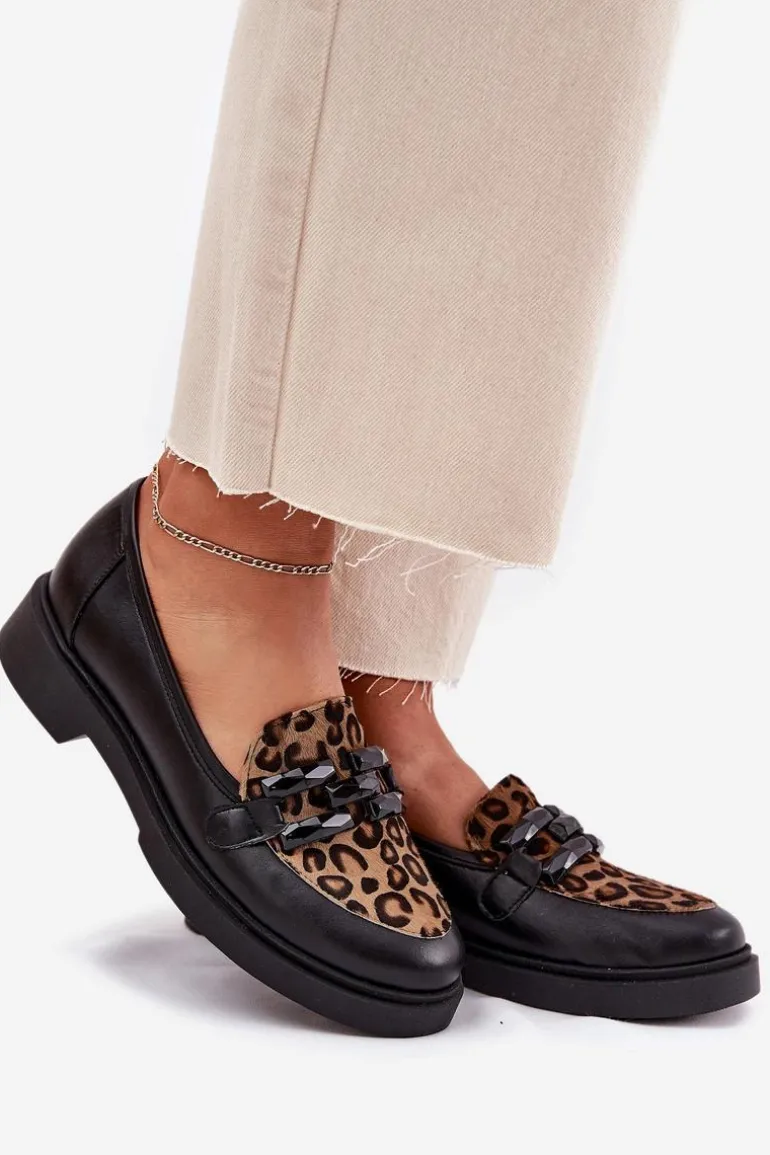 Skórzane Mokasyny Z Ozdobą I Panterką Laura Messi 2965 Czarne