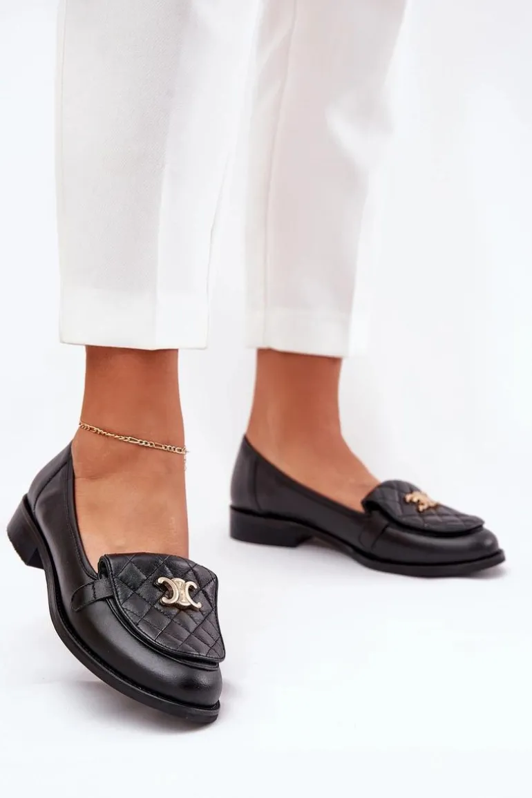 Skórzane Mokasyny Ze Złotą Ozdobą Laura Messi 2927 Czarne