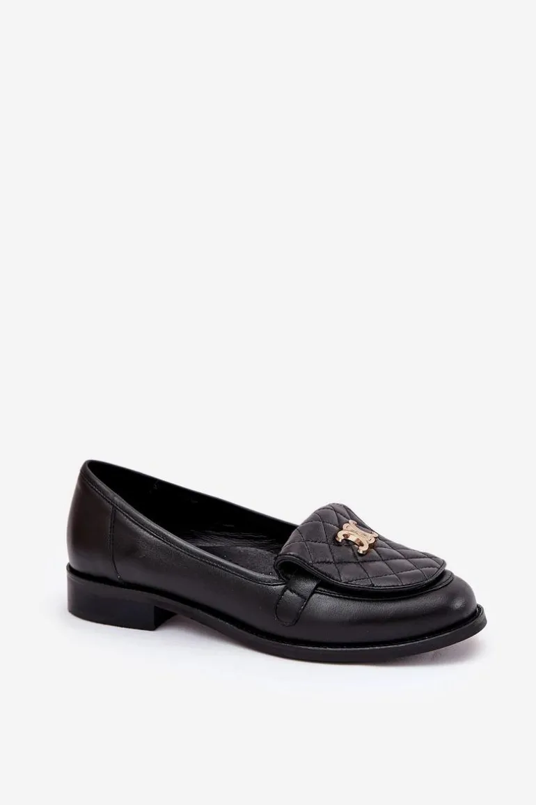 Skórzane Mokasyny Ze Złotą Ozdobą Laura Messi 2927 Czarne