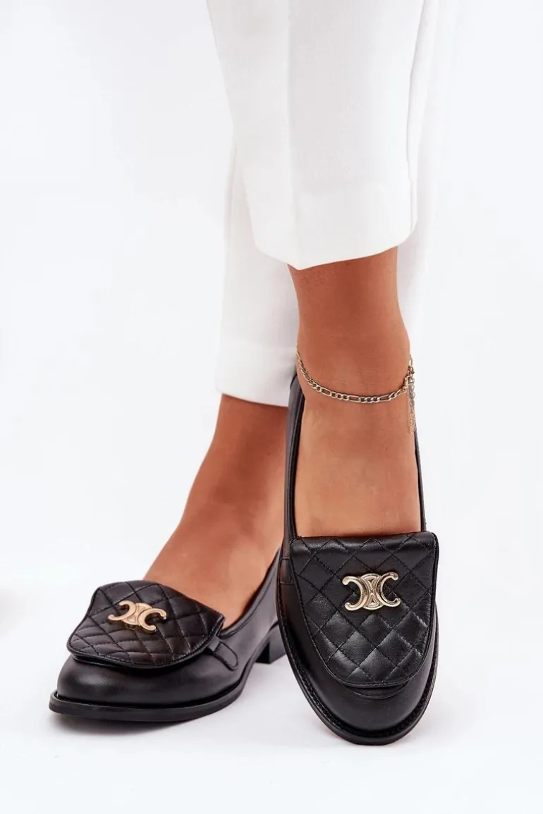 Skórzane Mokasyny Ze Złotą Ozdobą Laura Messi 2927 Czarne