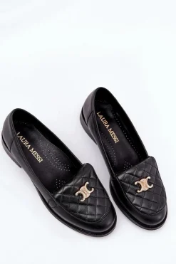 Skórzane Mokasyny Ze Złotą Ozdobą Laura Messi 2927 Czarne