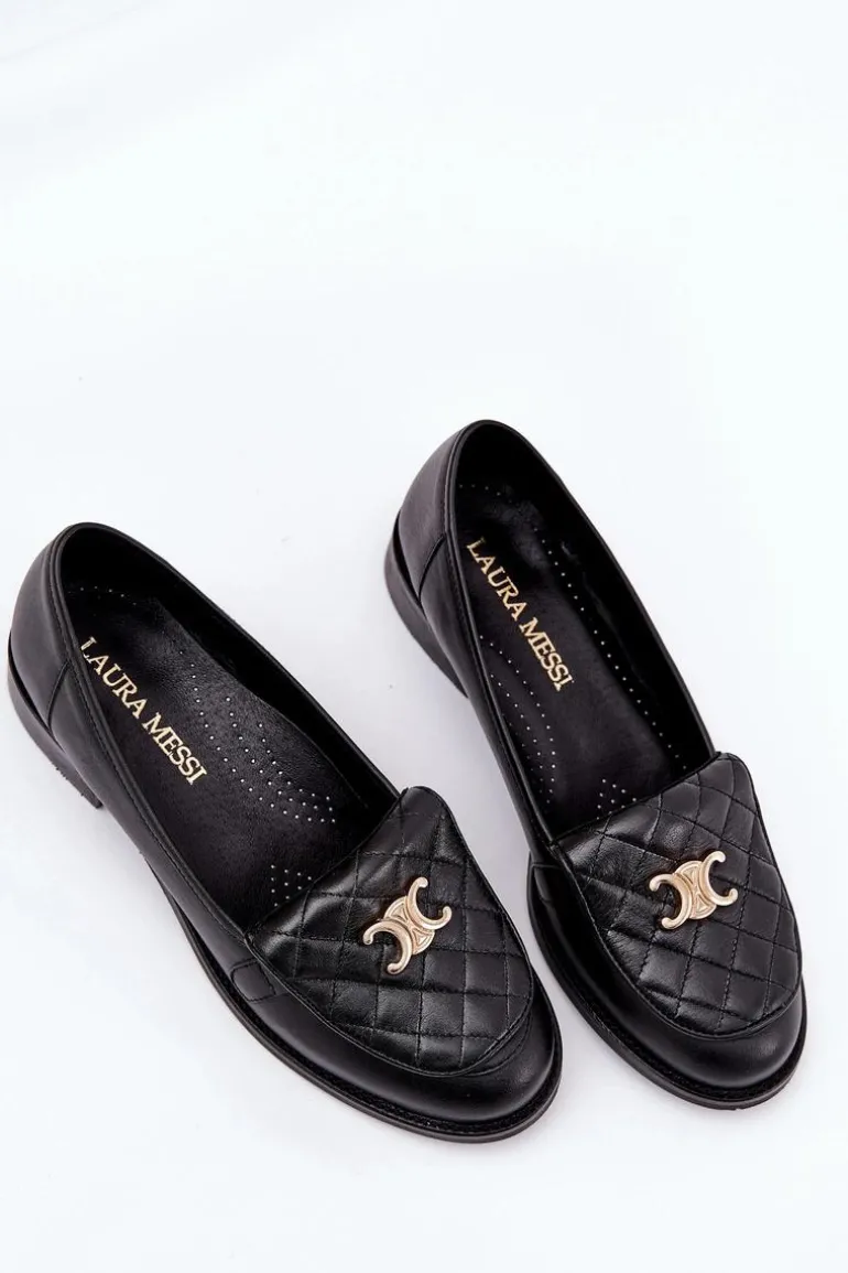 Skórzane Mokasyny Ze Złotą Ozdobą Laura Messi 2927 Czarne