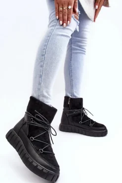 Skórzane Śniegowce Botki Na Platformie Czarne Maxava