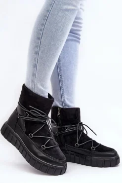 Skórzane Śniegowce Botki Na Platformie Czarne Maxava